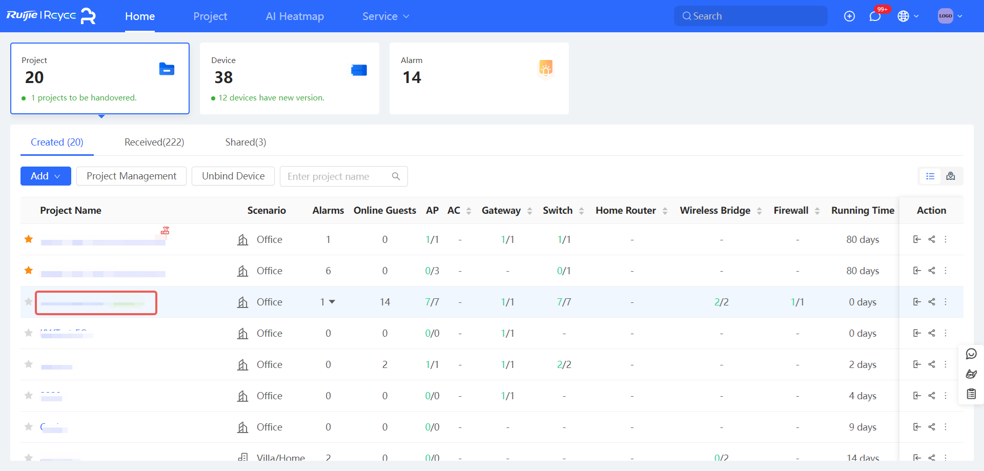 דף הבית של Ruijie Cloud עם רשימת פרויקטים