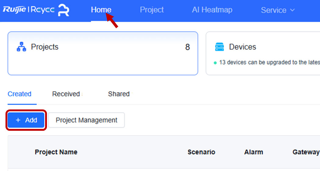 בחירת Add Project בתפריט