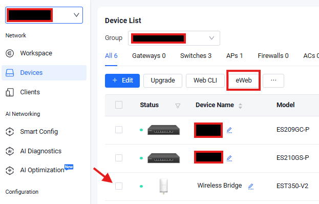 מסך הניווט בפרויקט Ruijie Cloud