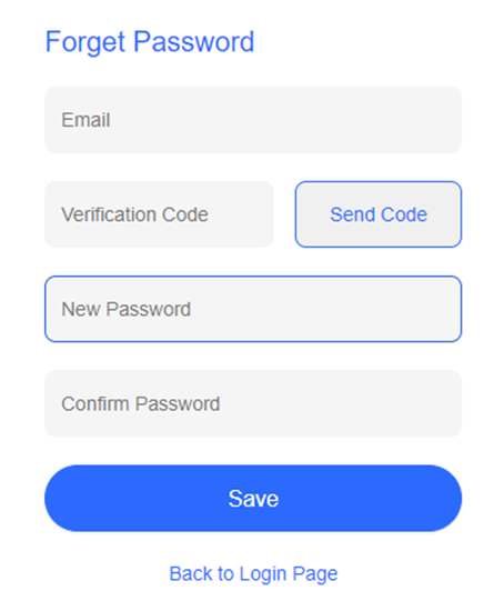 Forget Password form with fields for Email, Verification Code, New Password, and Confirm Password