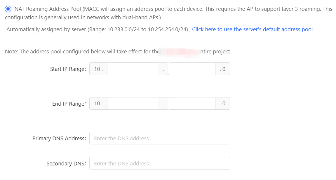 שדות עבור טווח IP התחלתי, טווח IP סופי, כתובת DNS ראשית, כתובת DNS משנית עבור נדידת NAT