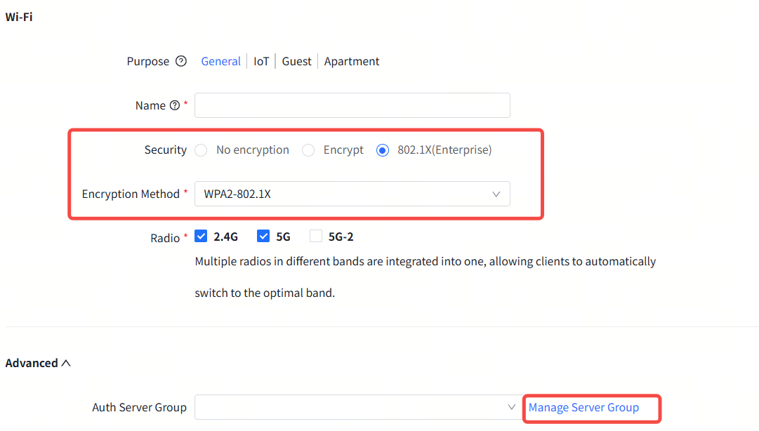 אבטחה 802.1X(Enterprise) נבחרה עם שיטת הצפנה WPA2-802.1X ולחצן 'ניהול קבוצת שרתים'