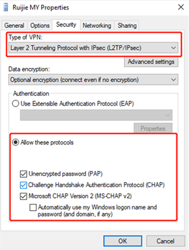לחיצה ימנית על חיבור ה-VPN החדש