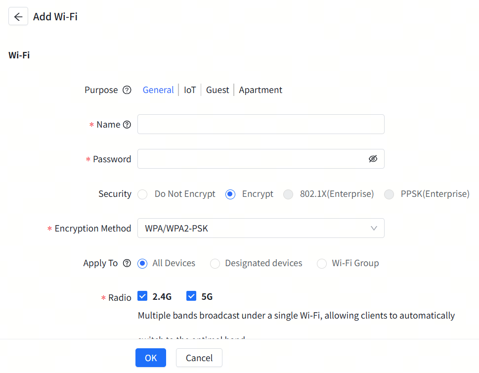 דף הגדרות 'הוסף Wi-Fi' עם שדות התצורה