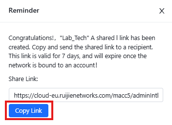 The 'Reminder' pop-up with the share link and 'Copy Link' button