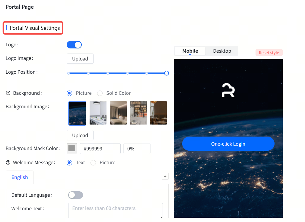 מקטע 'הגדרות חזותיות של פורטל' עם תצוגה מקדימה לנייד