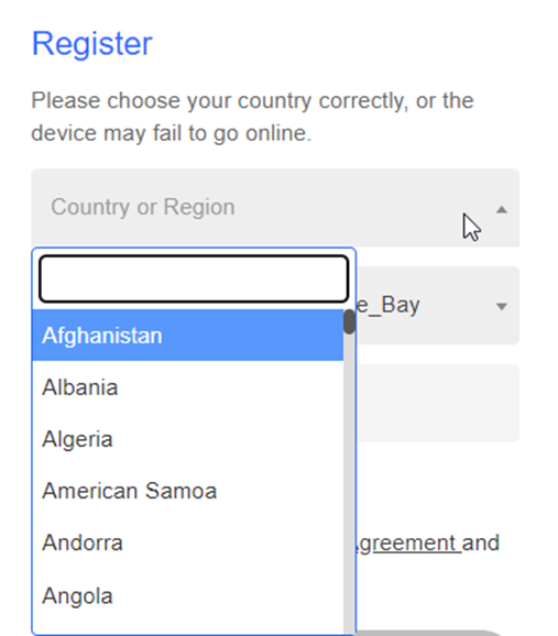 Drop-down menu for Country or Region selection on the Register page