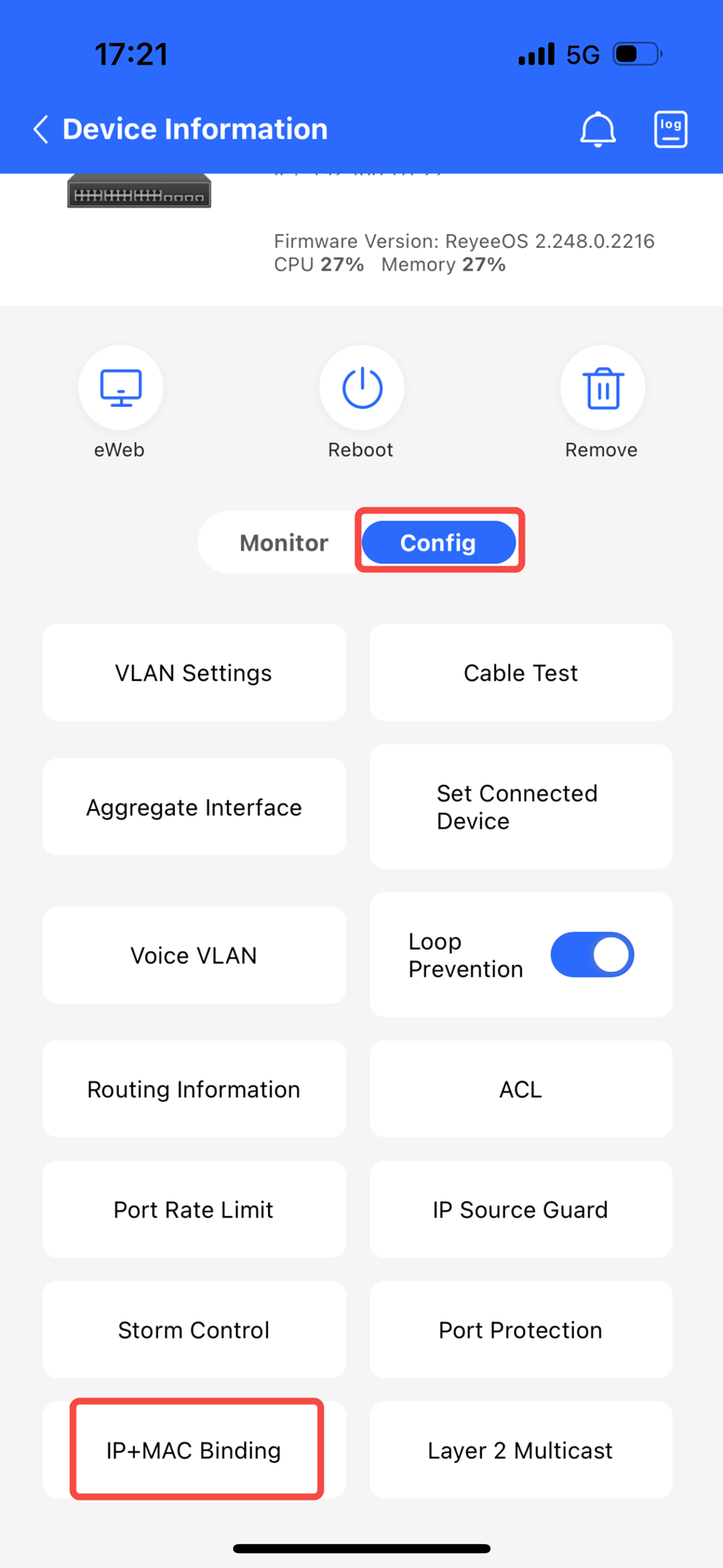 בחירת Config ולאחר מכן IP-MAC Binding