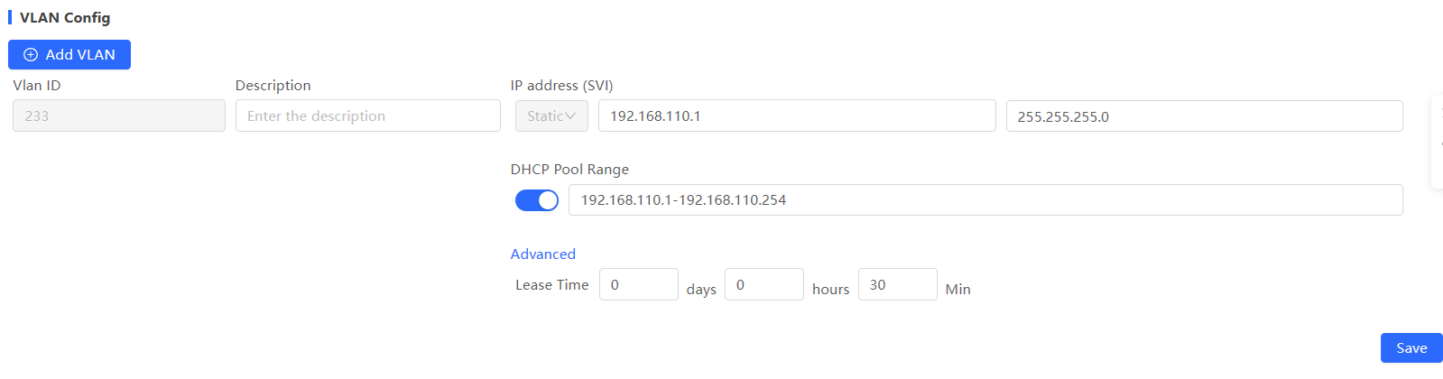 הוספת VLAN עם הגדרות SVI ו-DHCP Pool Range