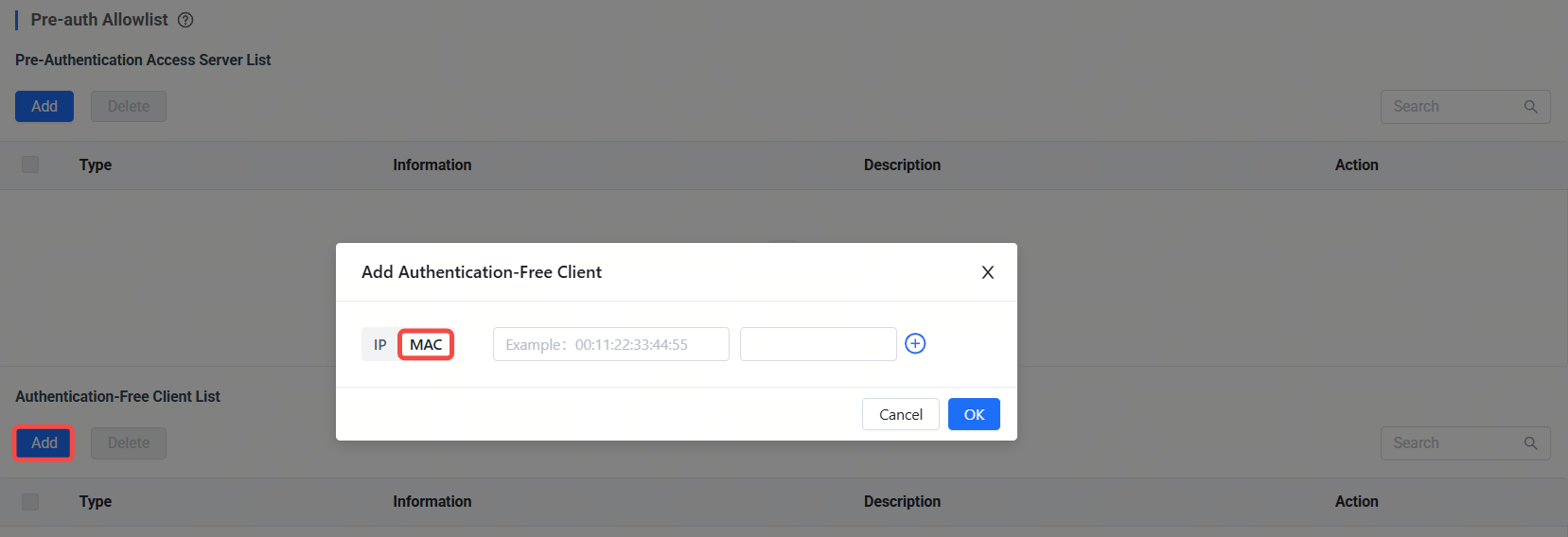 הוספת MAC לרשימת לקוחות ללא אימות