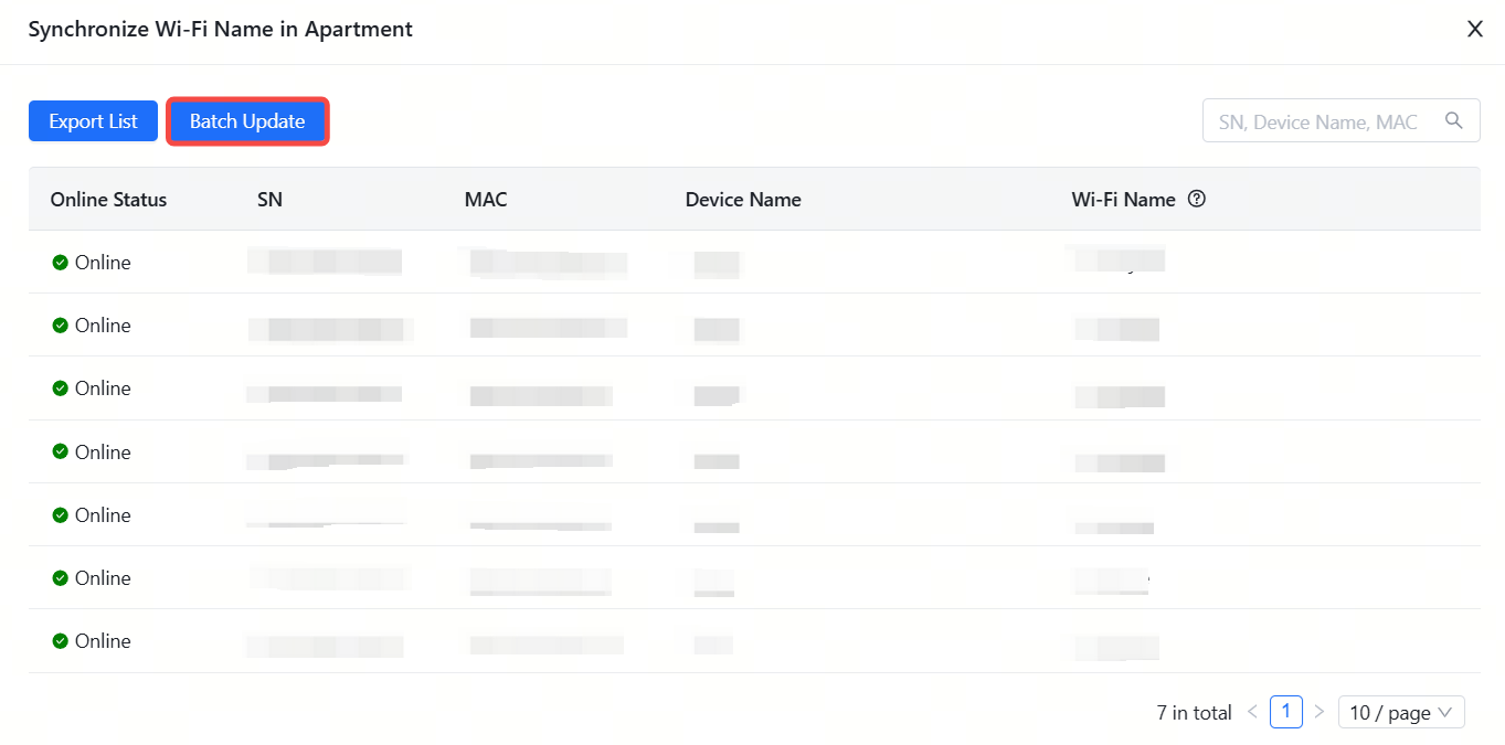 דף 'סנכרון שם Wi-Fi בבתי דירות' עם לחצן 'עדכון אצווה' מודגש