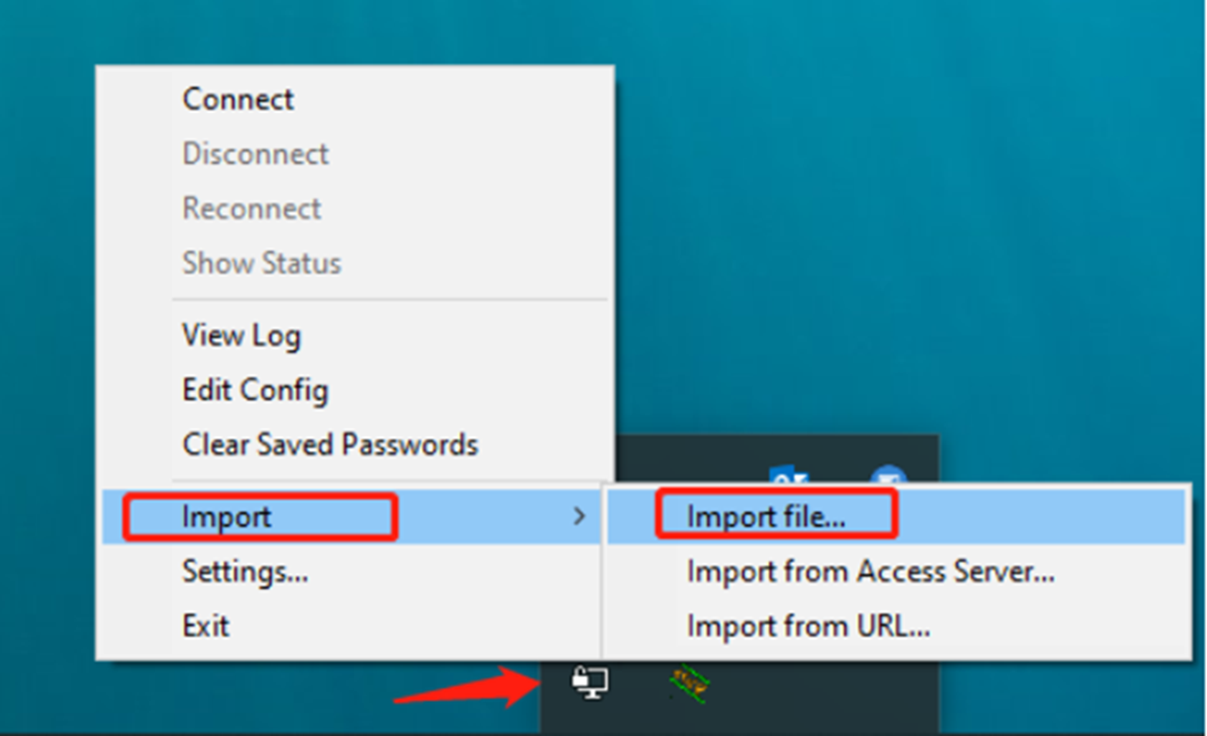 בחירת Import file בתפריט OpenVPN