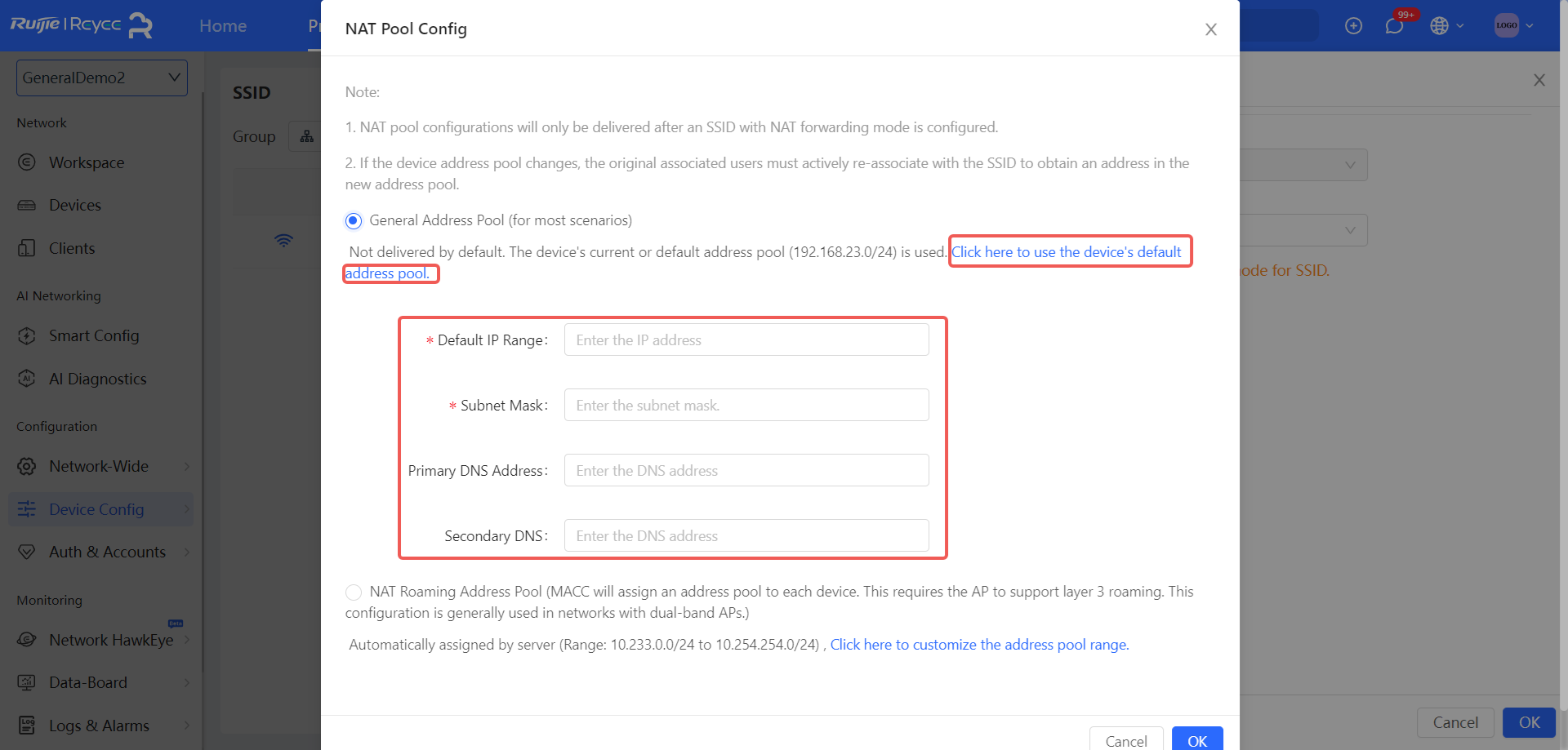 חלונית הגדרת מאגר NAT כללי עם שדות IP Range, Subnet Mask ו-DNS